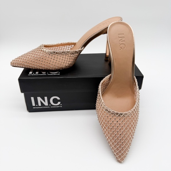 INC Emory Rhinestone Mesh Slide Stiletto Heels Pointed Toe Gold 11 NEW imperfect - Picture 3 of 17